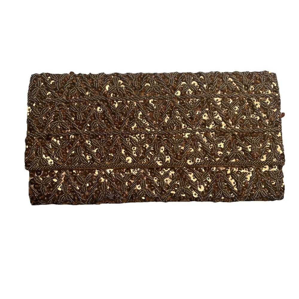 Vintage Beaded Clutch Purse Gold Sequin & Beads Mid-Century 1960s Hong Kong 10x5